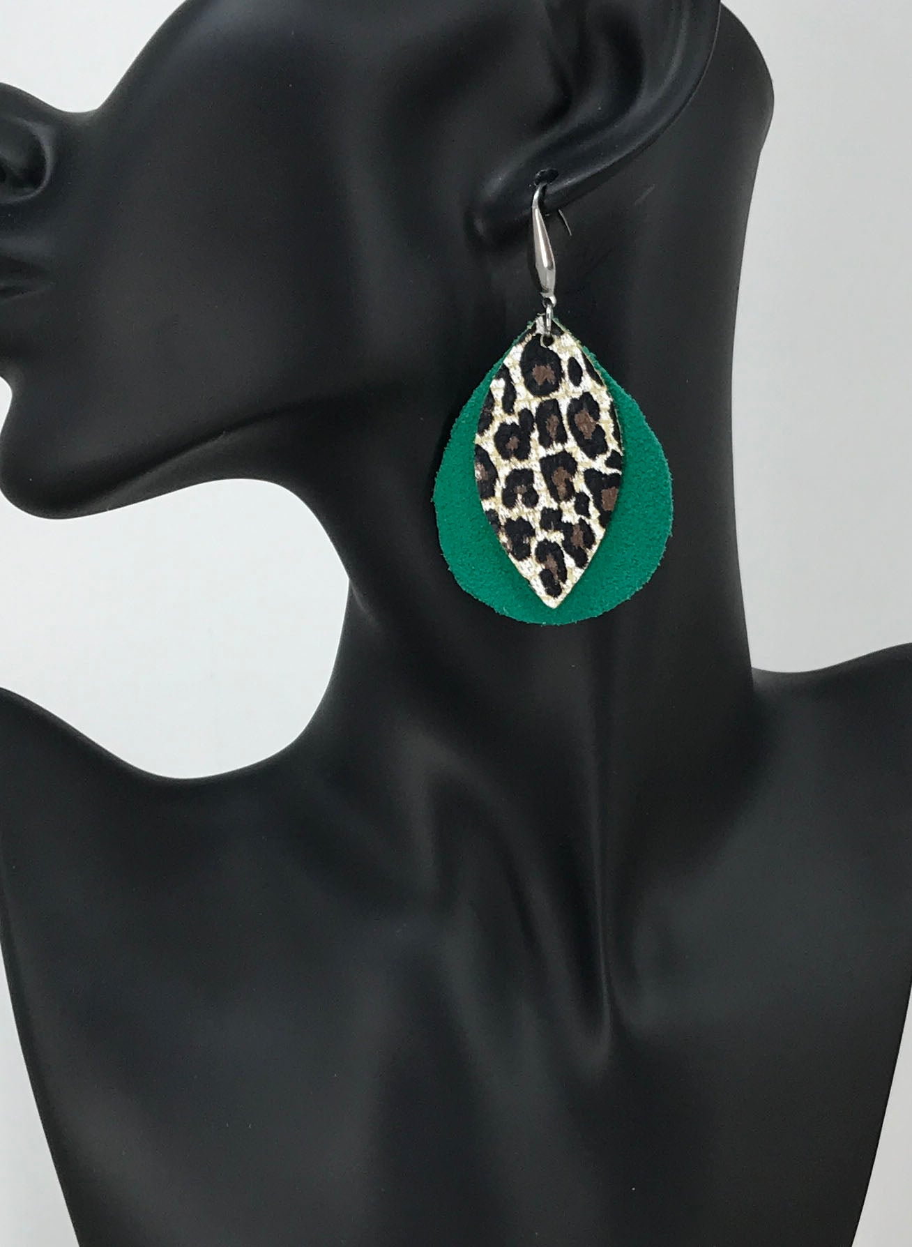 Green Suede and Cheetah Leather Earrings - E19-441
