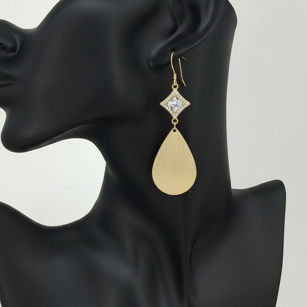 CZ & Brushed Gold Teardrop Earrings