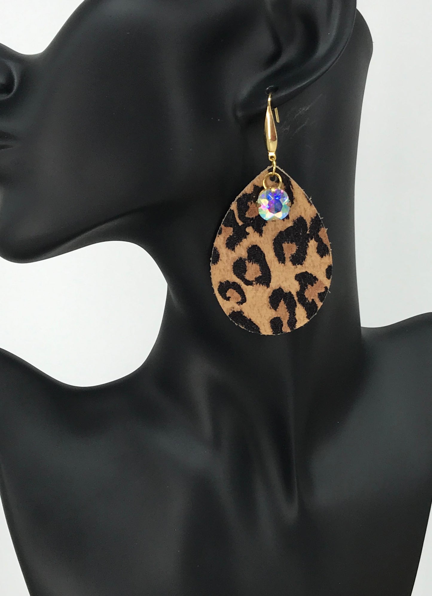 Tawny Cheetah Leather AB Rhinestone Earrings