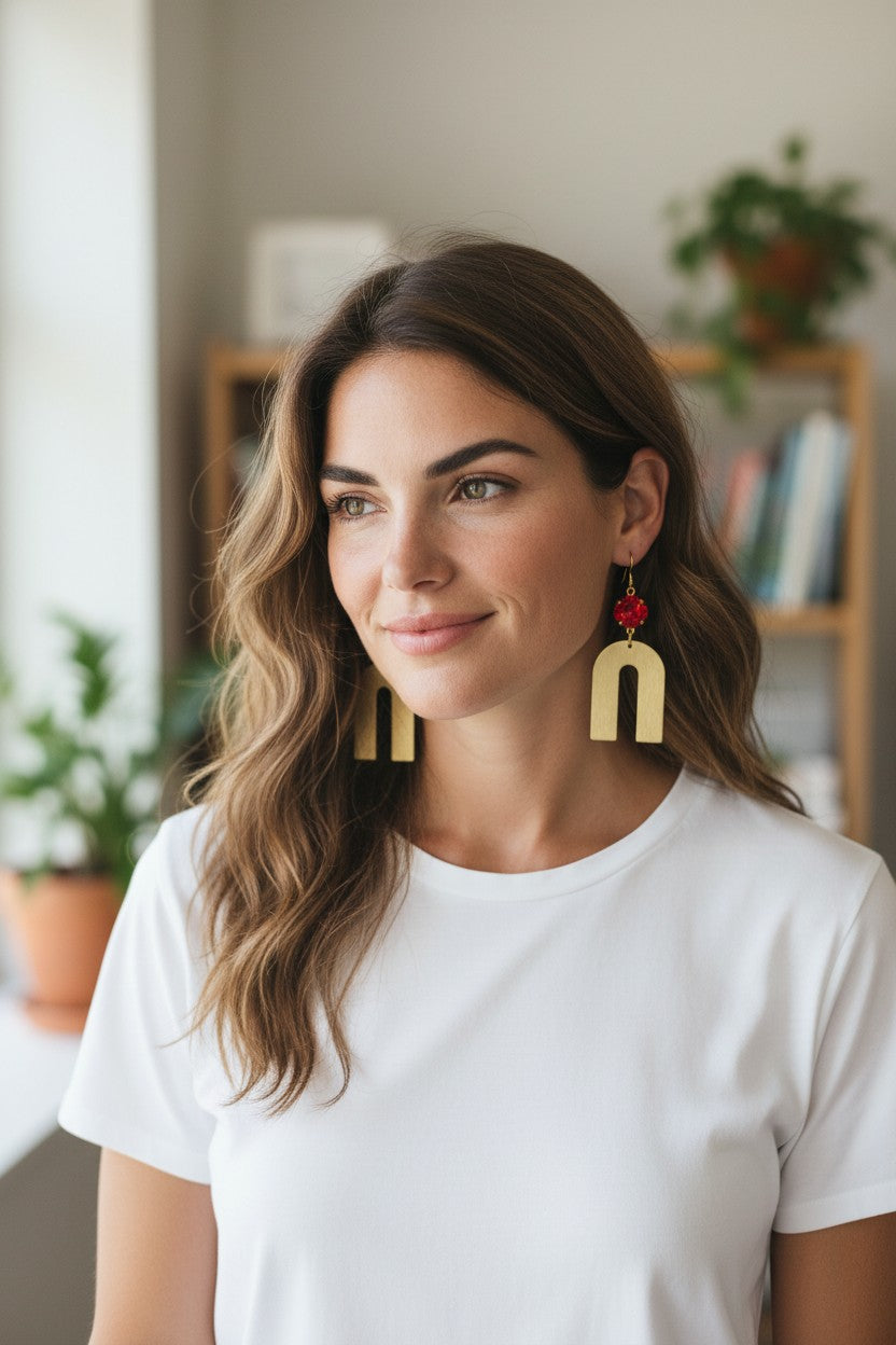 Light Siam Crystal & Brushed Gold Arch Drop Earrings