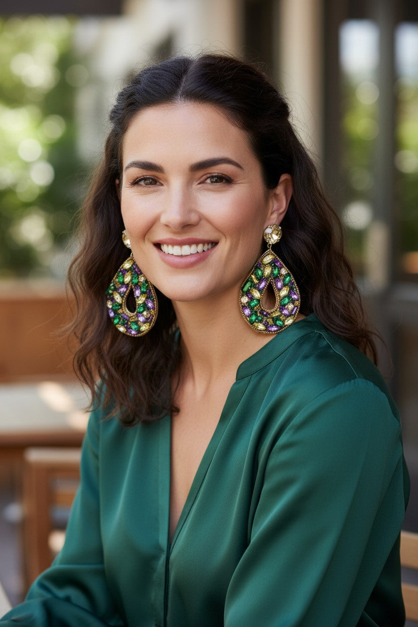 Golden Shadow Crystal & Mardi Gras Rhinestone Teardrop Earrings