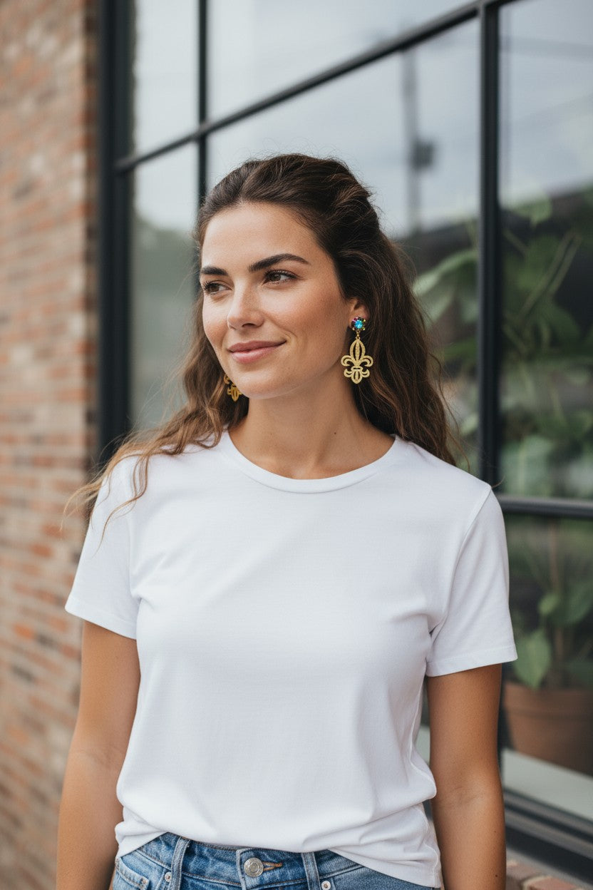 Electra Crystal & Textured Gold Fleur De Lis Earrings