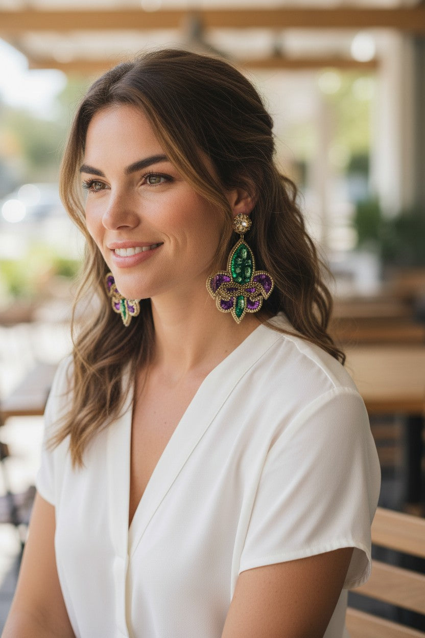 Golden Shadow Crystal & Mardi Gras Fleur De Lis Earrings