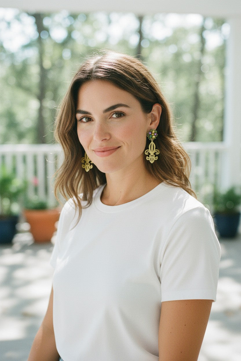 Rhinestone Stud and Brushed Gold Fleur De Lis Pendant Earrings