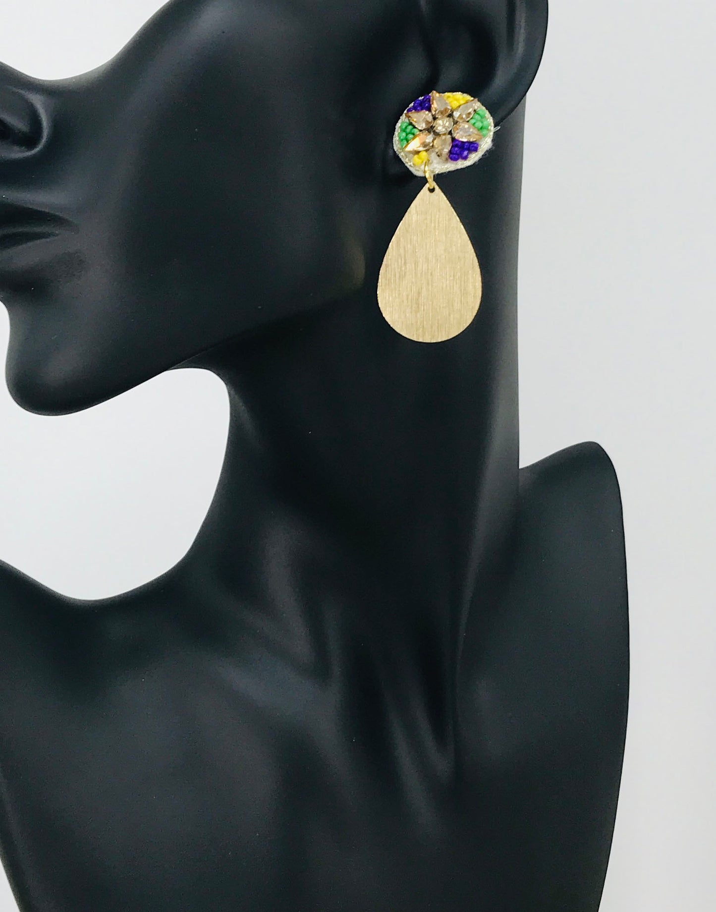 Rhinestone Stud & Brushed Gold Pendant Earrings - E19-4616