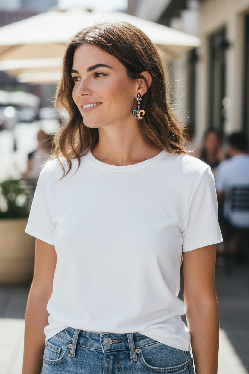 Crystal Clear & Mardi Gras Fleur De Lis Drop Earrings