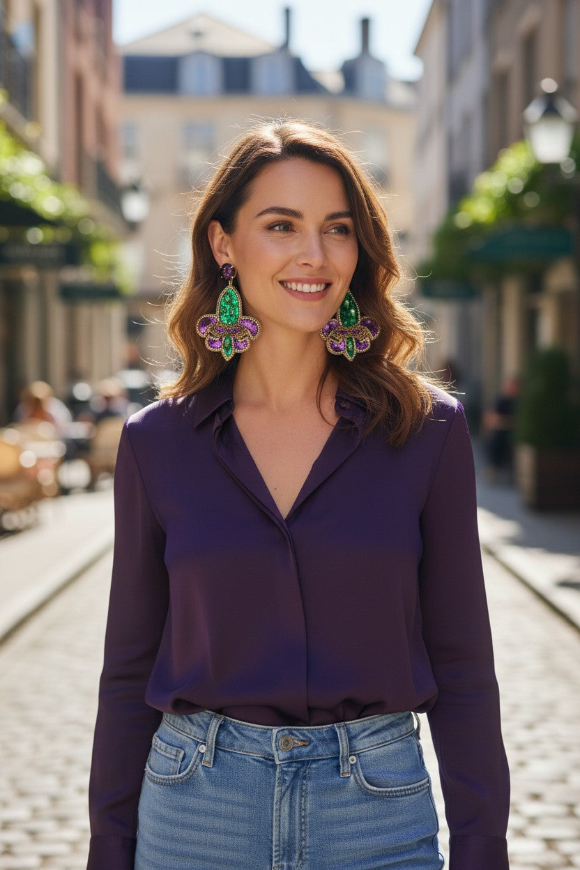 Amethyst Crystal & Mardi Gras Fleur De Lis Earrings