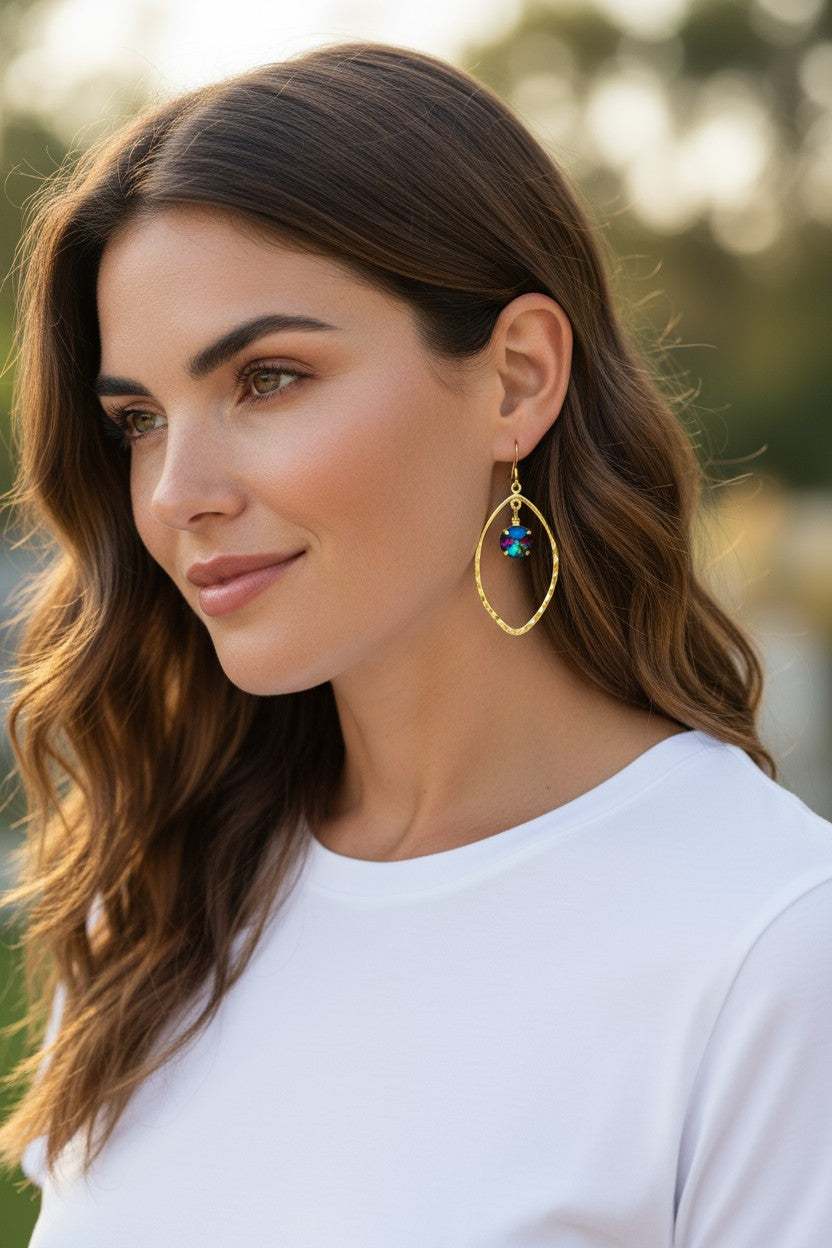 Electra Crystal & Hammered Gold Marquise Drop Earrings