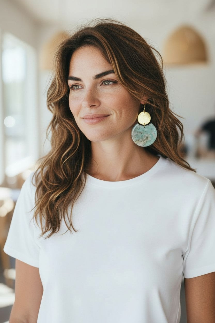 Mint Marble Resin & Brushed Gold Drop Earrings