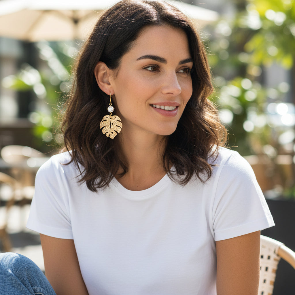 Crystal Clear & Gold Monstera Leaf Drop Earrings