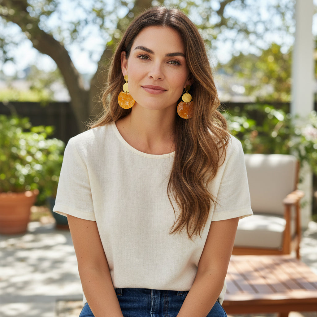 Orange Resin and Brushed Gold Pendant Earrings