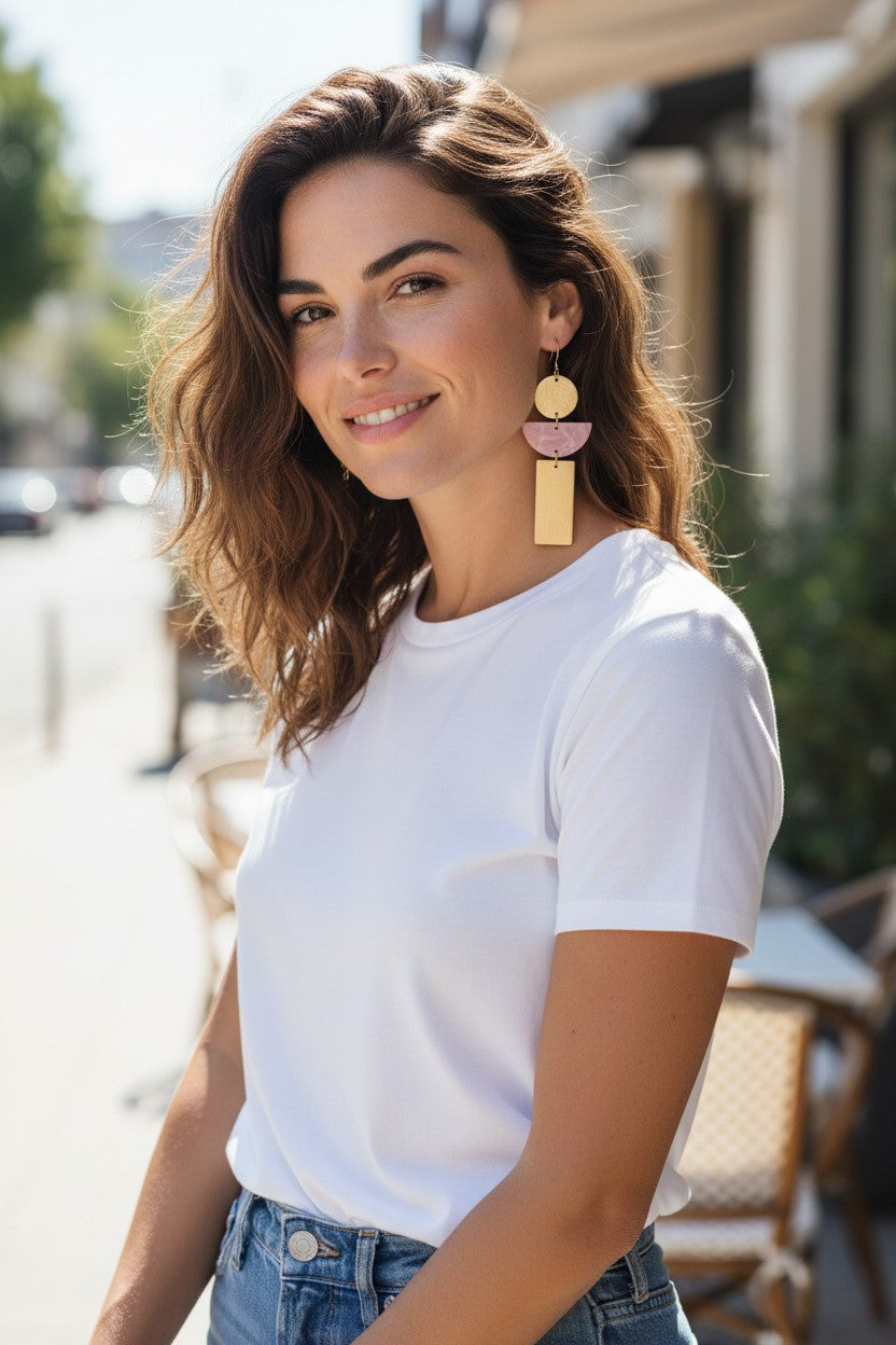 Pink Marble Resin & Brushed Gold Statement Earrings