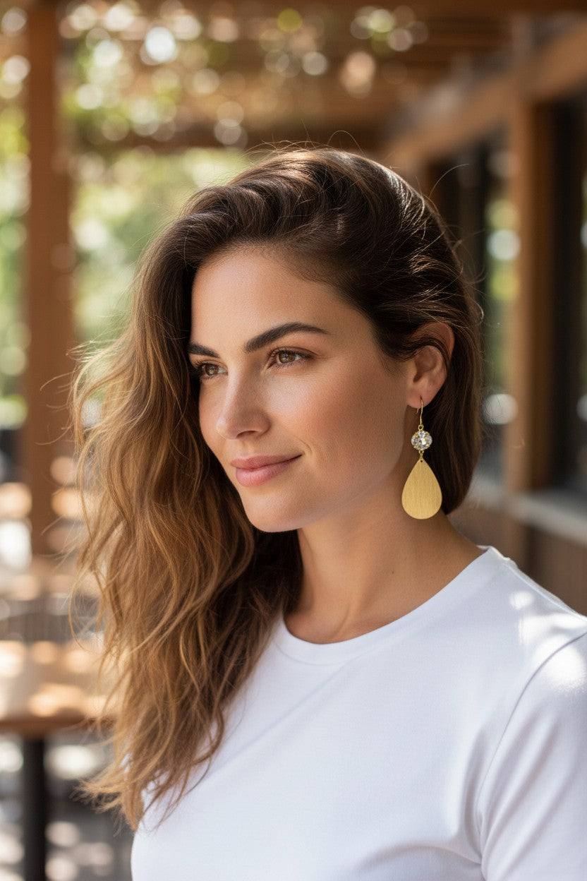 Crystal Clear & Brushed Gold Teardrop Drop Earrings
