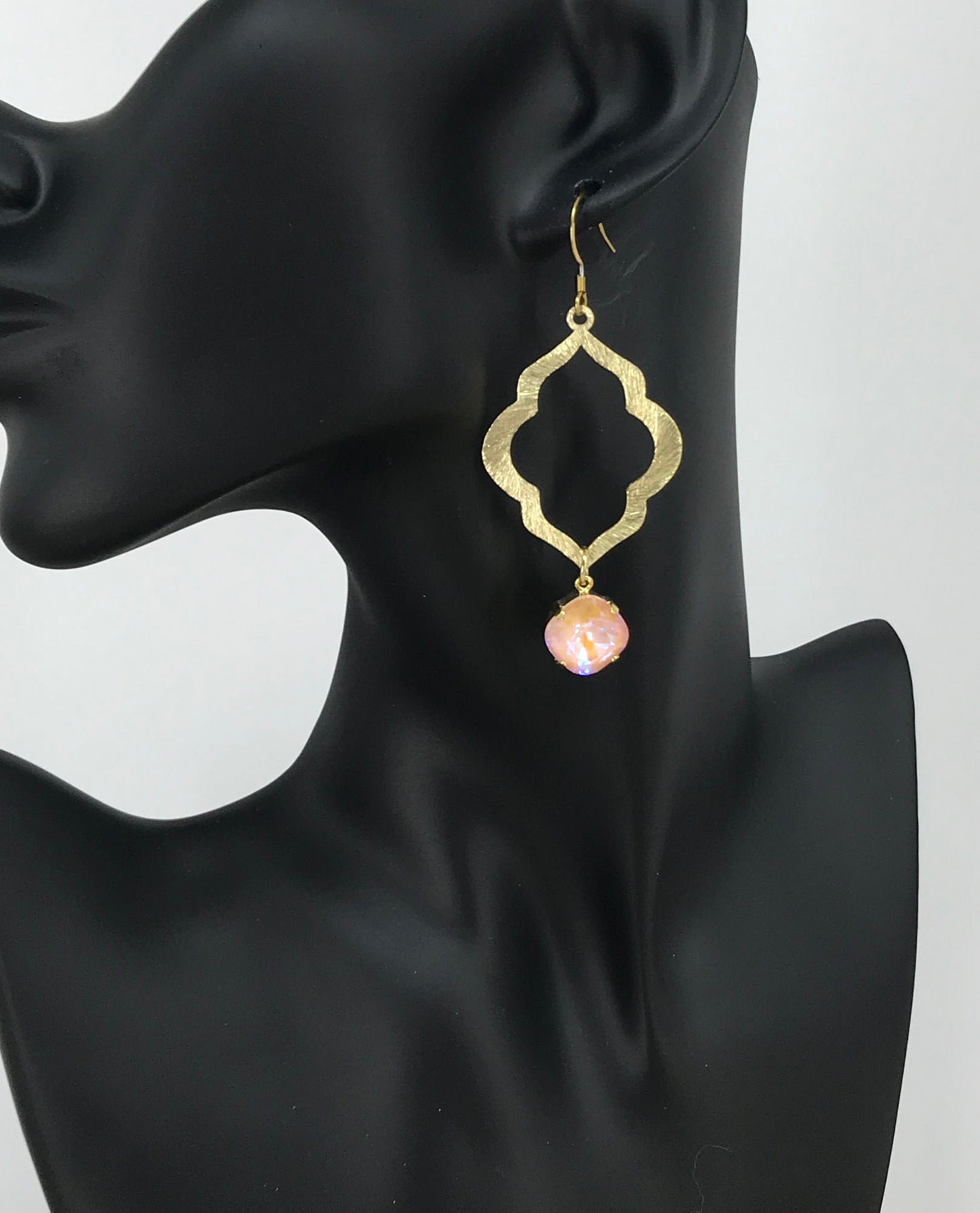 Peach Crystal & Brushed Gold Marquise Drop Earrings