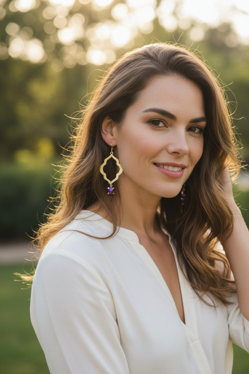 Amethyst Crystal & Brushed Gold Marquise Drop Earrings