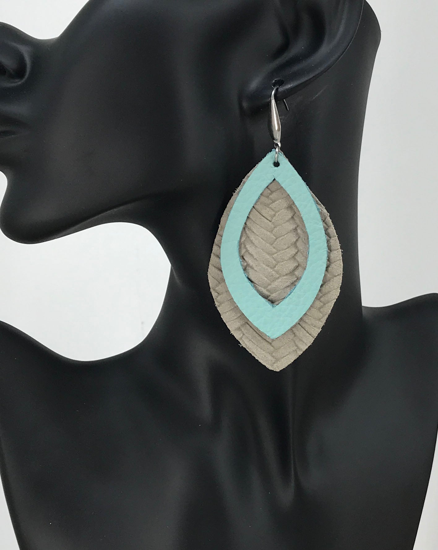 Grey and Turquoise Layered Leather Earrings - E19-467