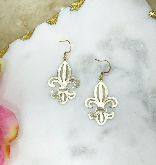 Brushed Gold Fleur De Lis Pendant Earrings - E19-4684