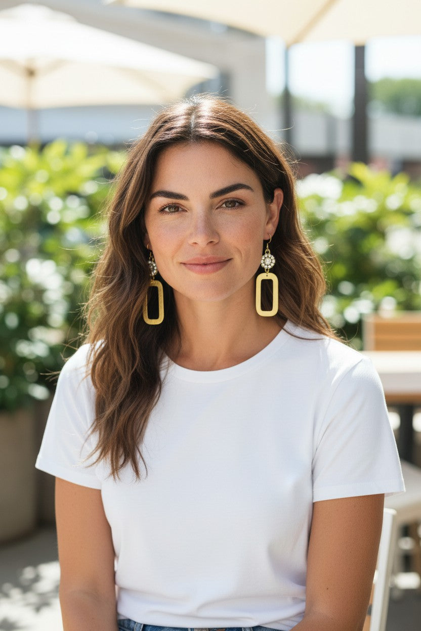 Crystal Bloom & Brushed Gold Rectangle Drop Earrings