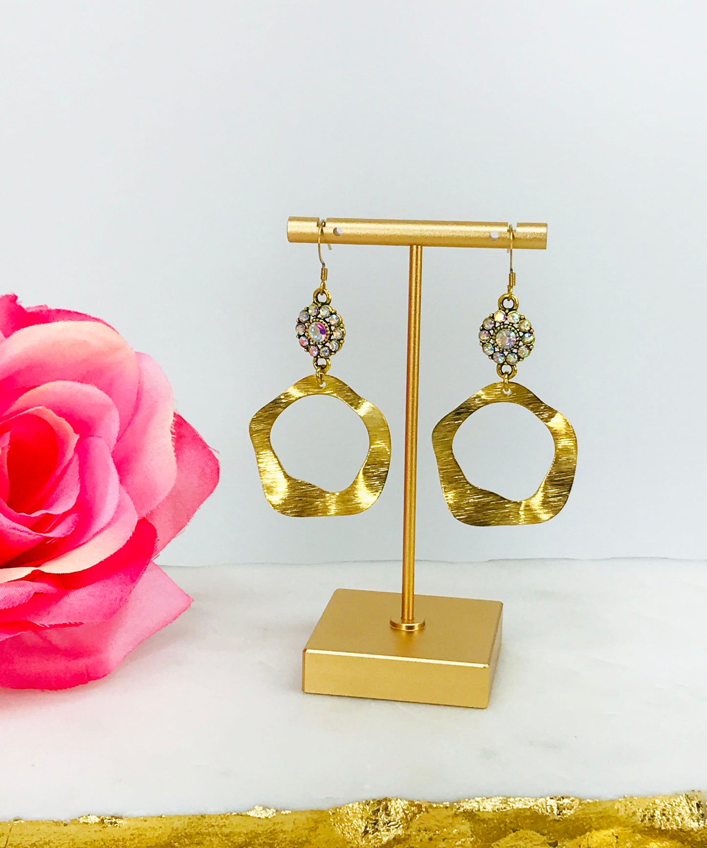 Rhinestone & Brushed Gold Pendant Earrings - E19-4691