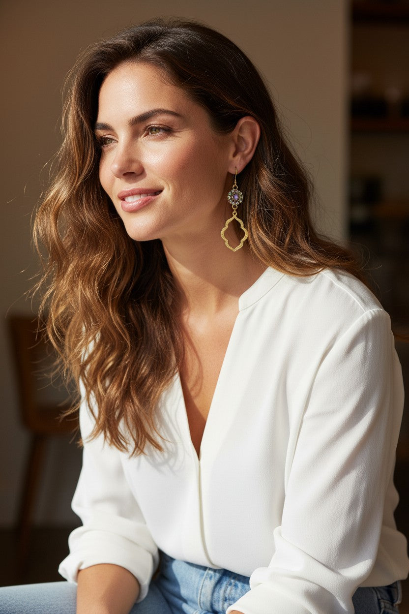 AB Crystal Bloom & Brushed Gold Quatrefoil Drop Earrings