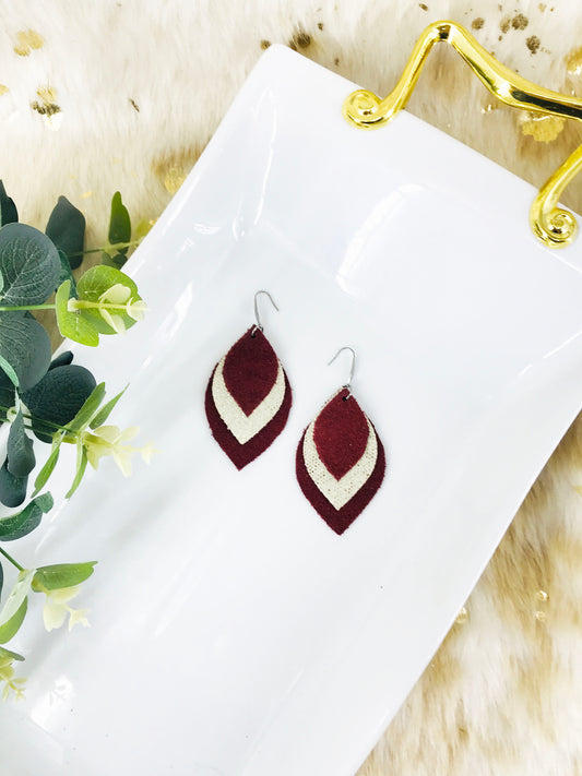 Burgundy Suede Leather and Metallic Gold Leather Earrings - E19-469