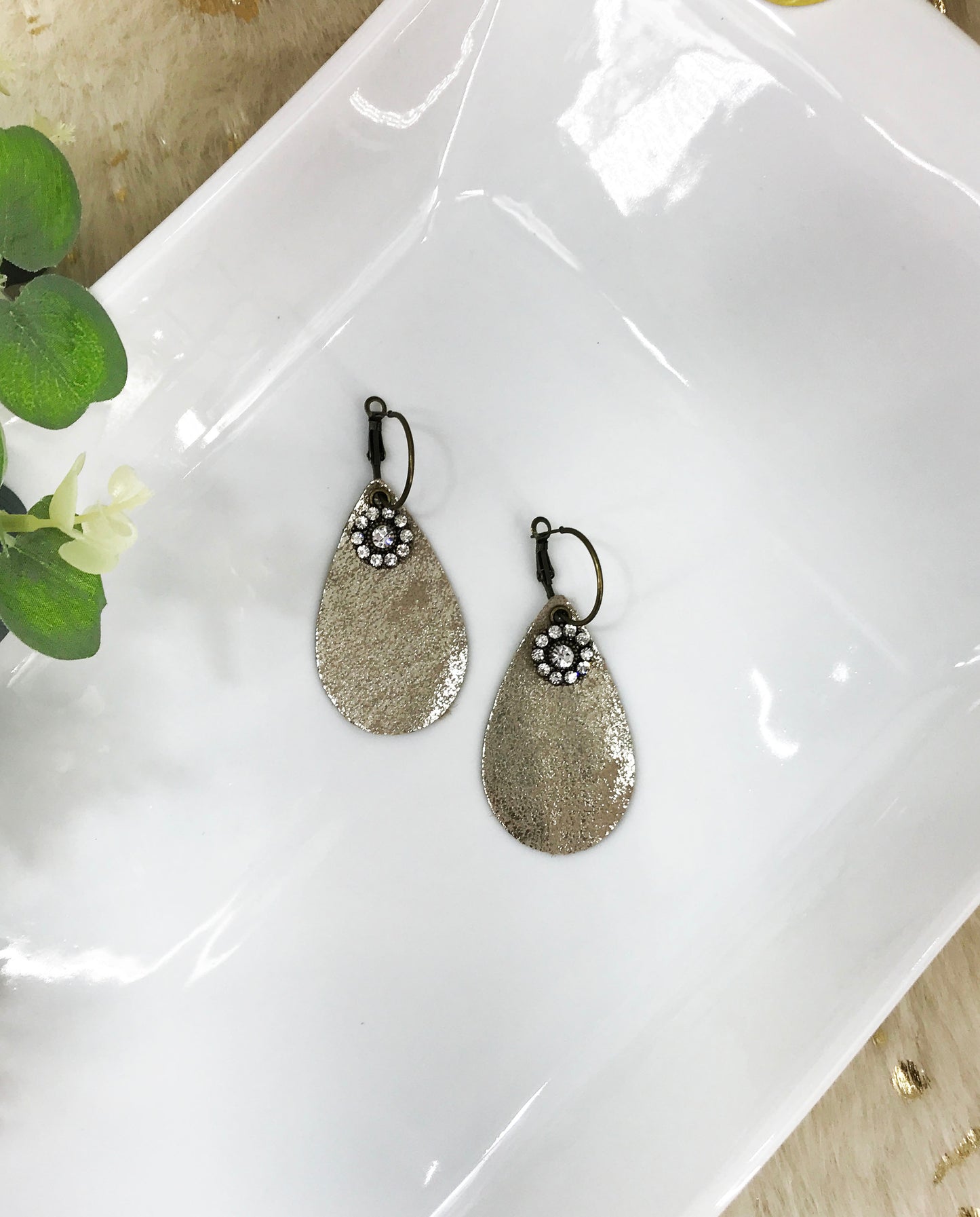 Platinum Leather & Rhinestone Hoop Earrings - E19-4702