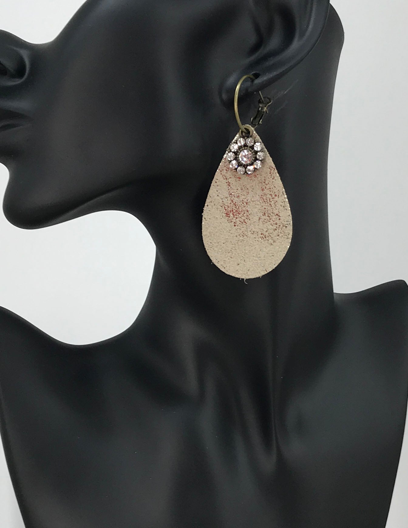 Platinum Leather & Rhinestone Hoop Earrings - E19-4702