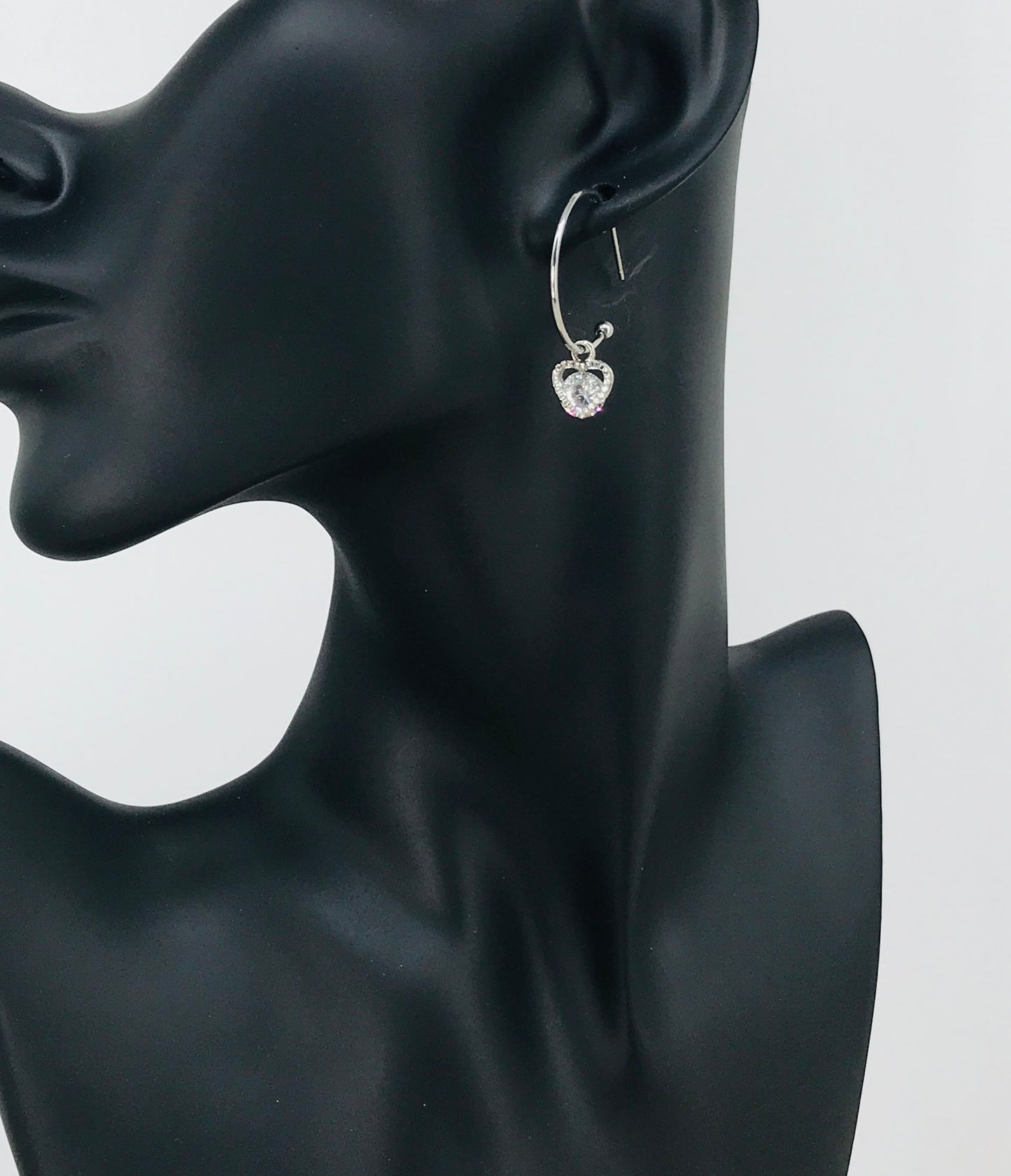 Silver Heart CZ & Open Hoop Drop Earrings
