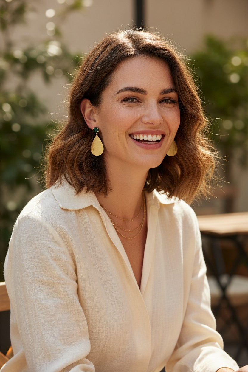 Emerald Crystal & Brushed Gold Teardrop Drop Earrings