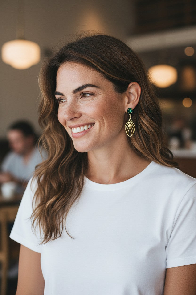Emerald Crystal & Gold Open Teardrop Drop Earrings