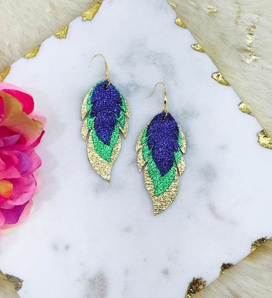 Mardi Gras Themed Layered Leather Earrings - E19-4742