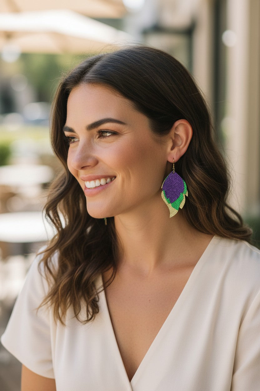 Mardi Gras Metallic Pebbled Layered Leather Earrings