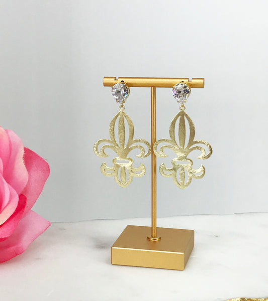 CZ Stud & Fleur De Lis Pendant Earrings - E19-4748