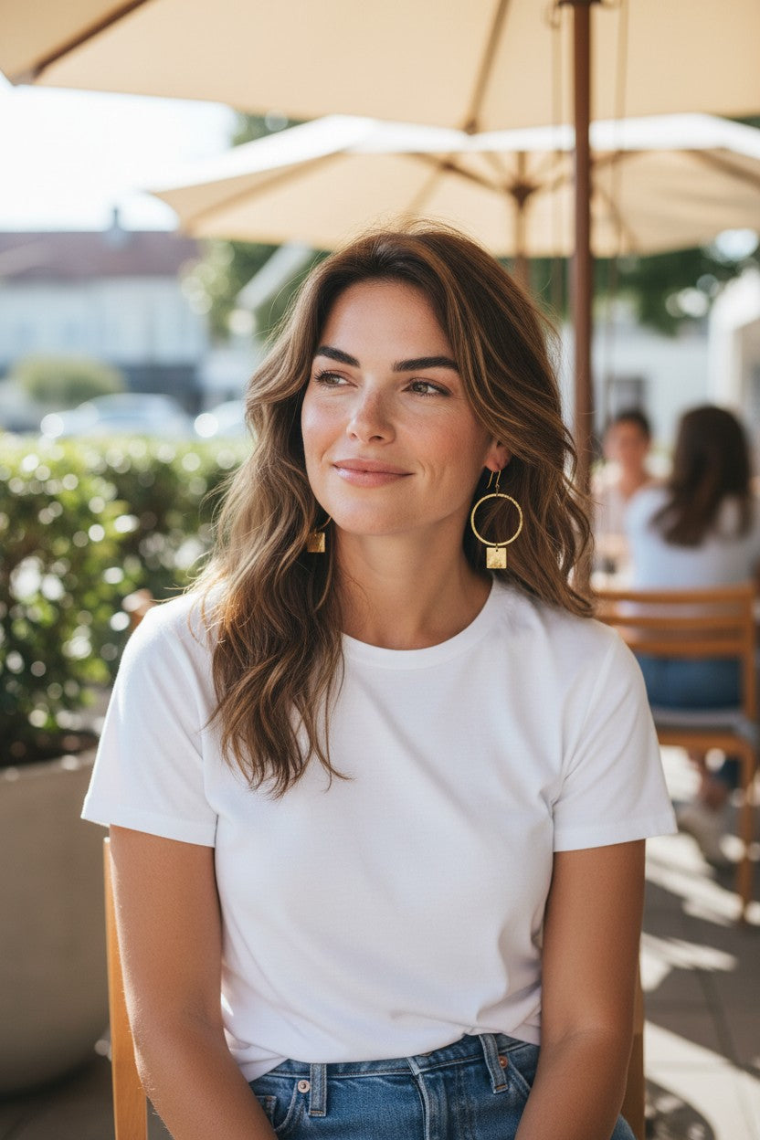 Brushed Gold Hoop & Square Drop Earrings