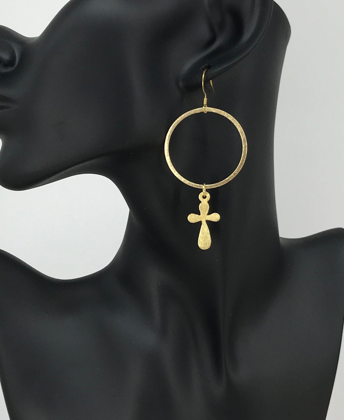 Brushed Gold Hoop & Cross Pendant Earrings - E19-4762
