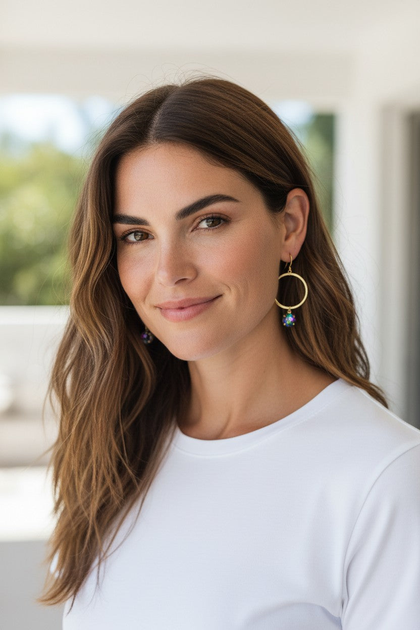 Electra Crystal & Brushed Gold Hoop Drop Earrings