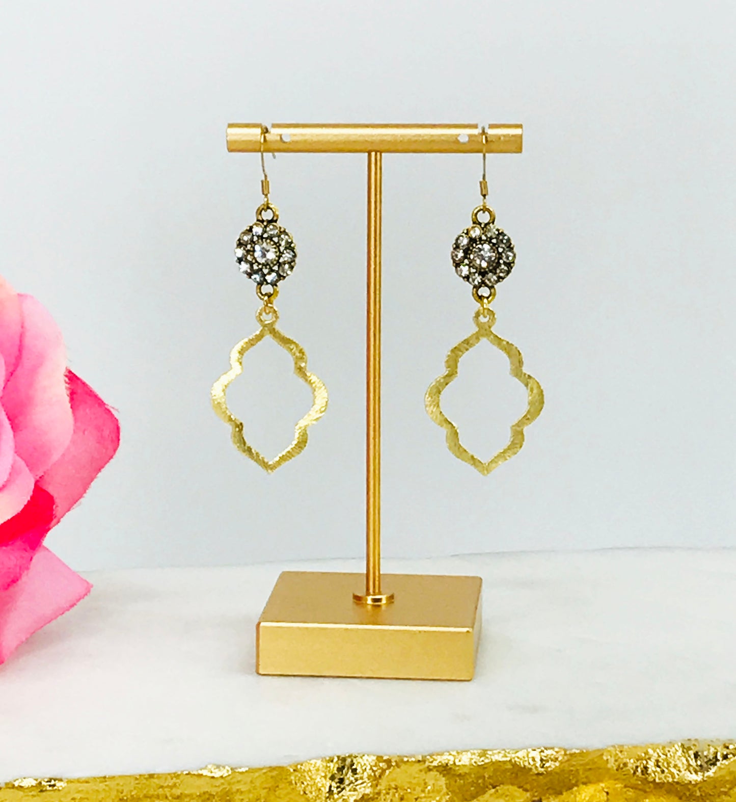 Rhinestone & Brushed Gold Pendant Earrings - E19-4771