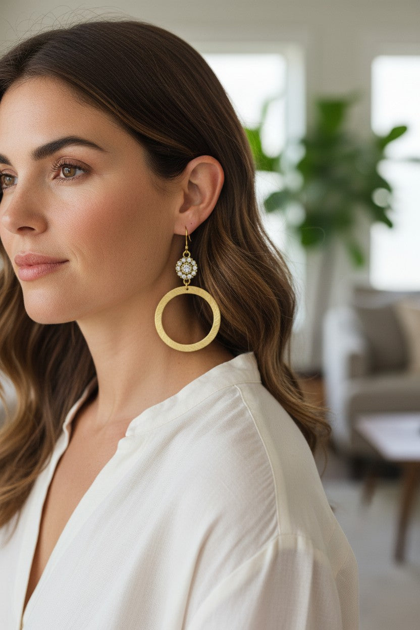 Crystal Bloom & Brushed Gold Hoop Drop Earrings