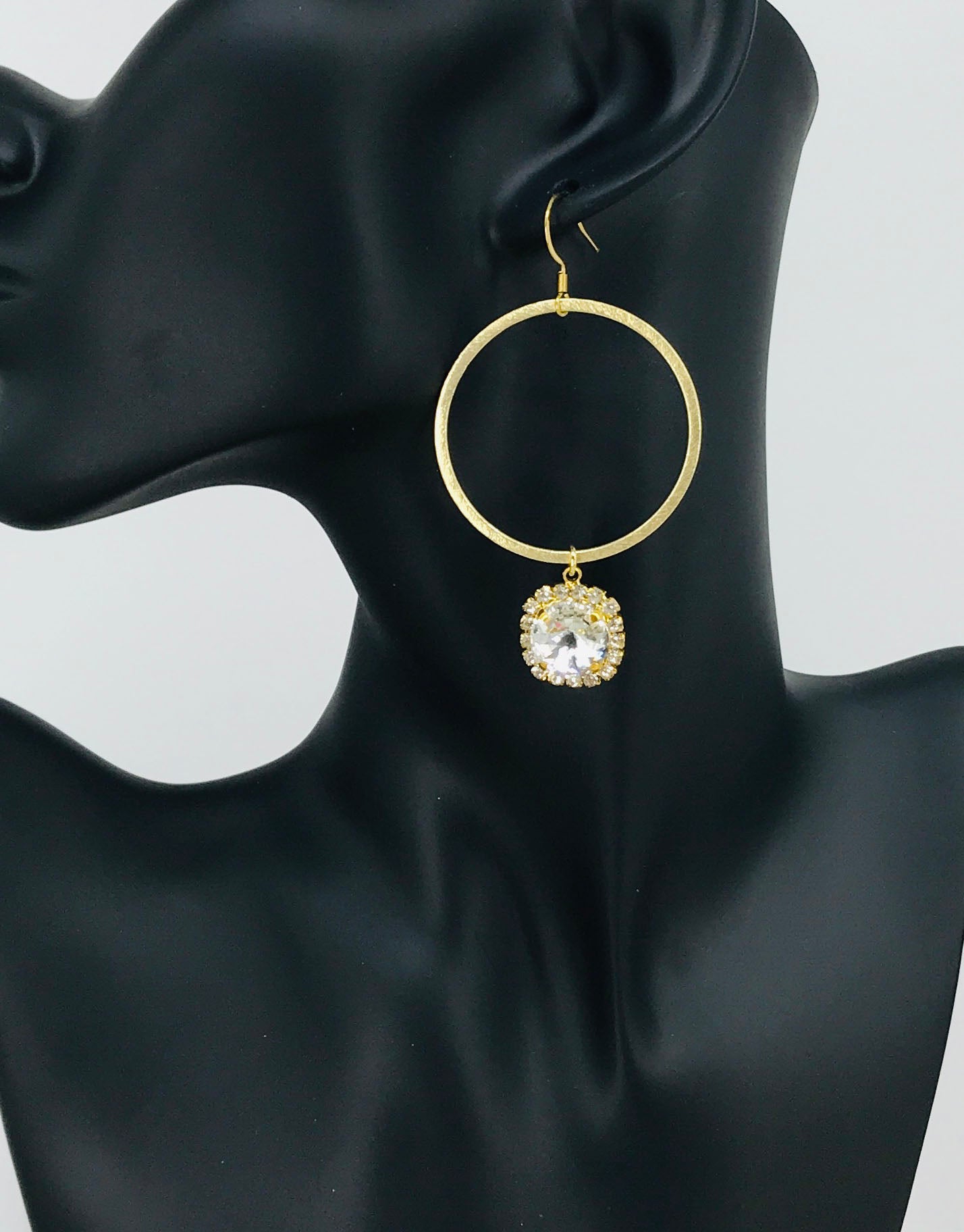 Brushed Gold Hoop & Crystal Drop Earrings