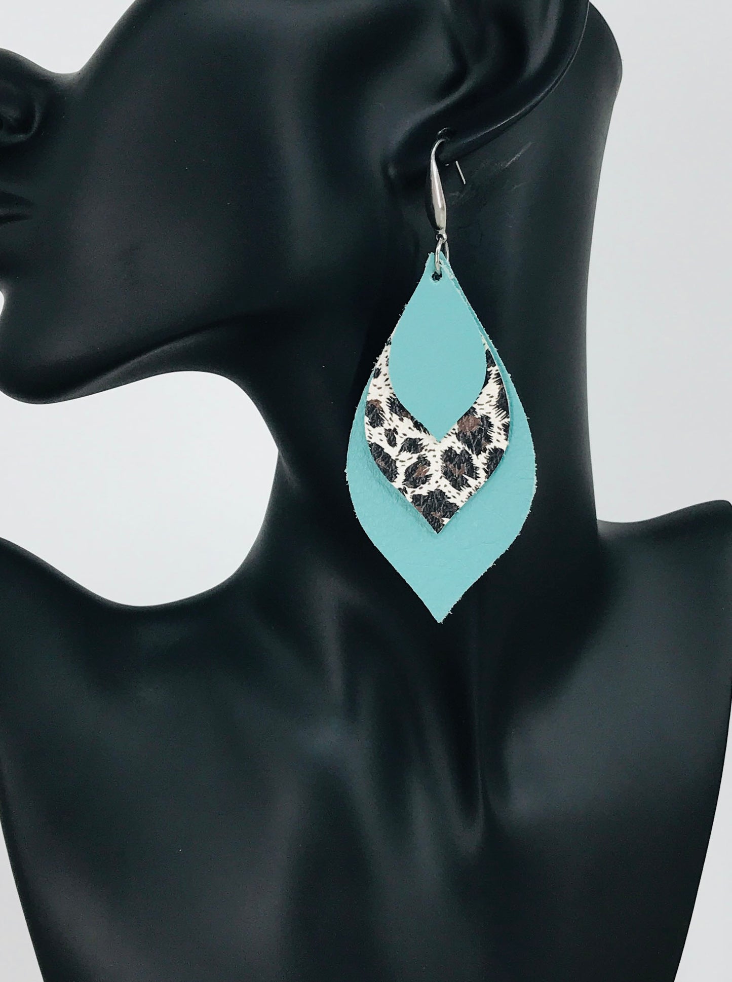 Aqua and Leopard Leather Earrings - E19-477