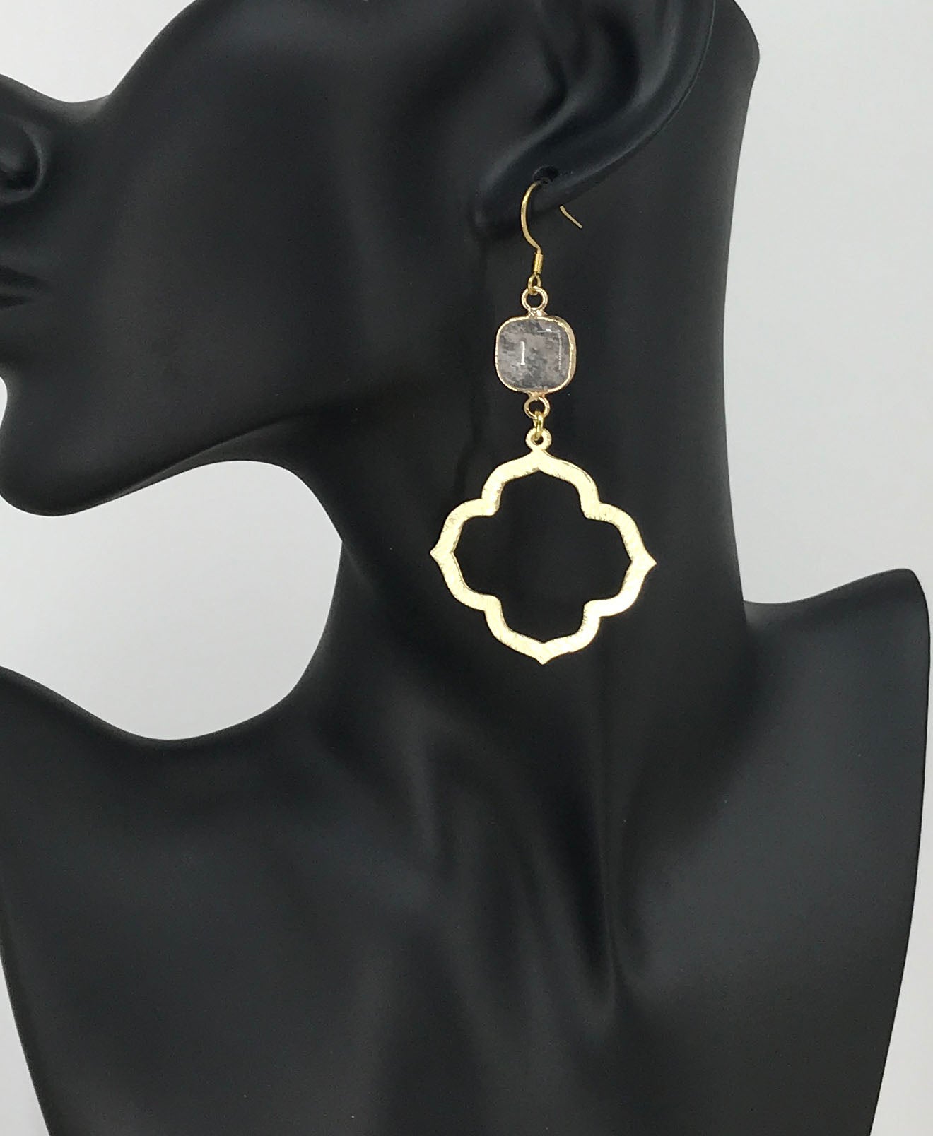 Gemstone & Brushed Gold Pendant Earrings - E19-4847