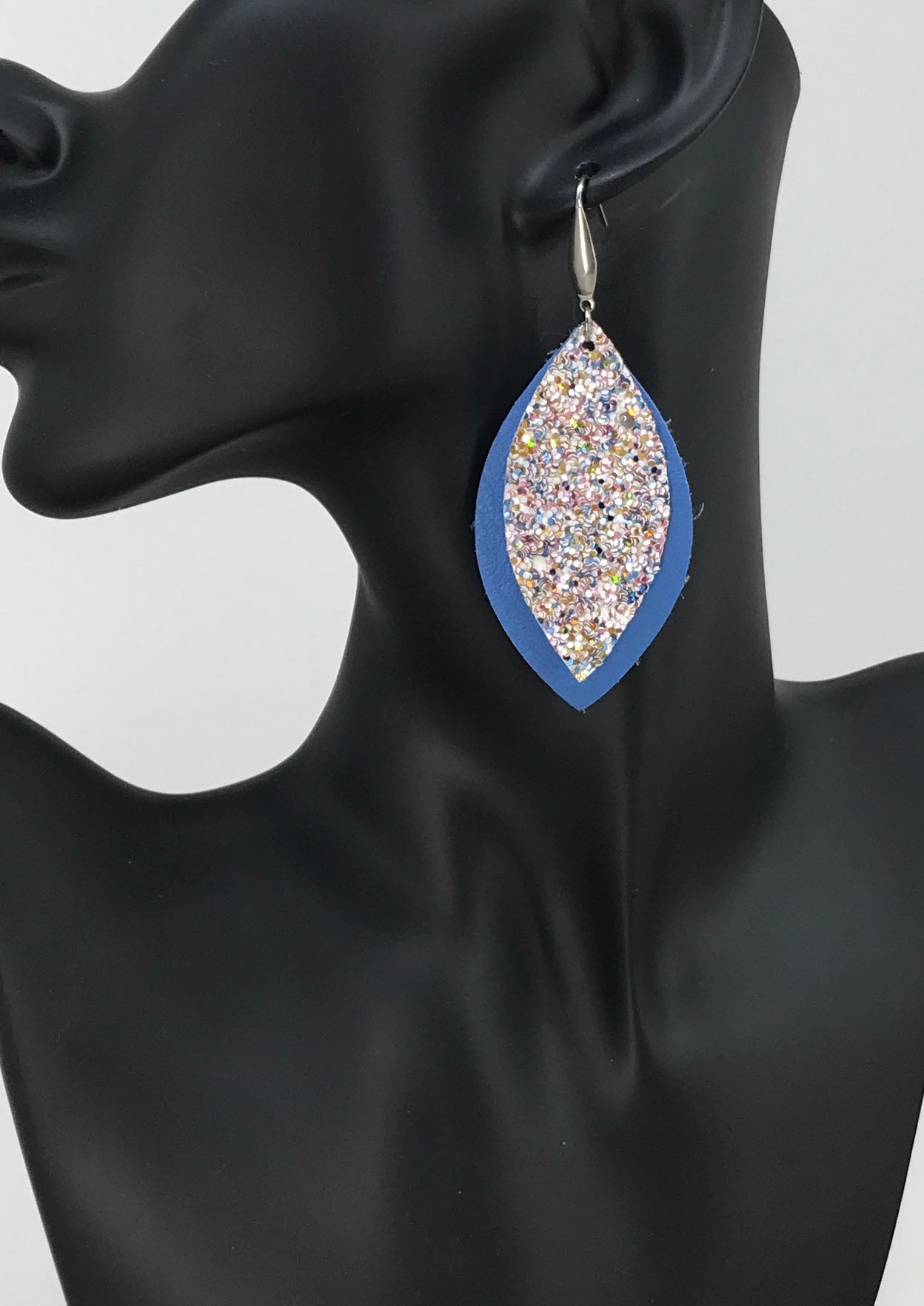 Sky Blue Leather and Chunky Glitter Earrings - E19-485