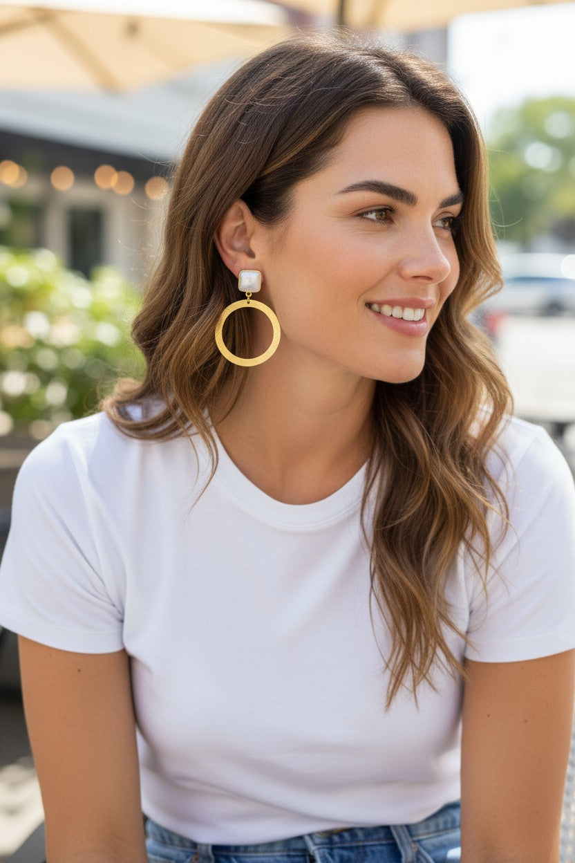 Pearl Square Stud & Textured Gold Hoop Earrings