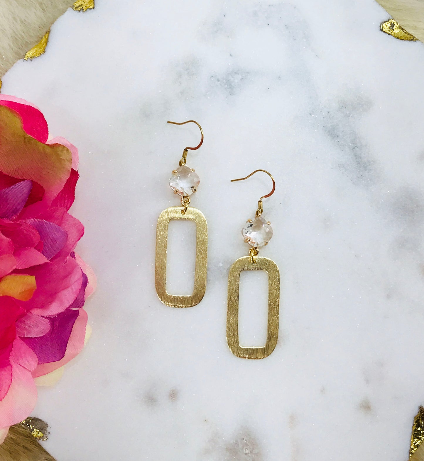 Rhinestone & Square Gold Pendant Earrings - E19-4880