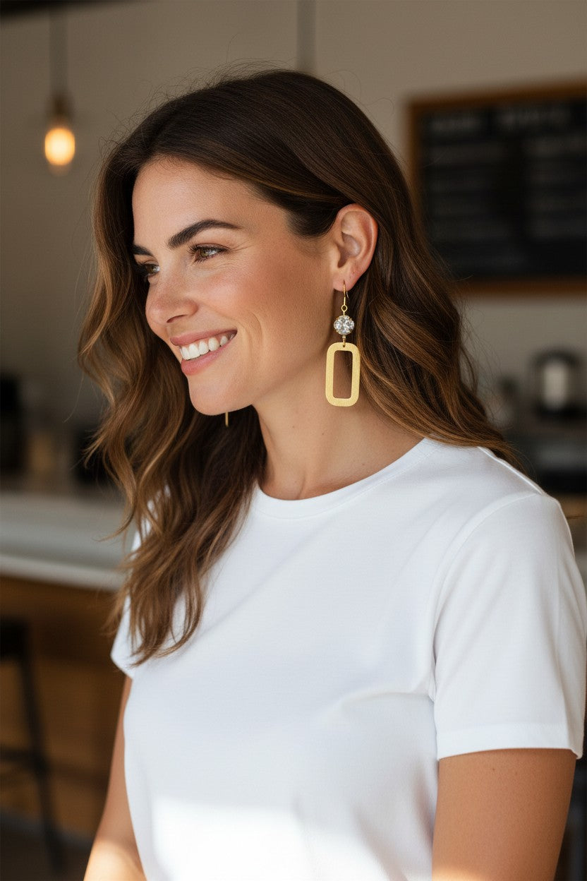 Cushion Crystal & Brushed Gold Rectangle Drop Earrings