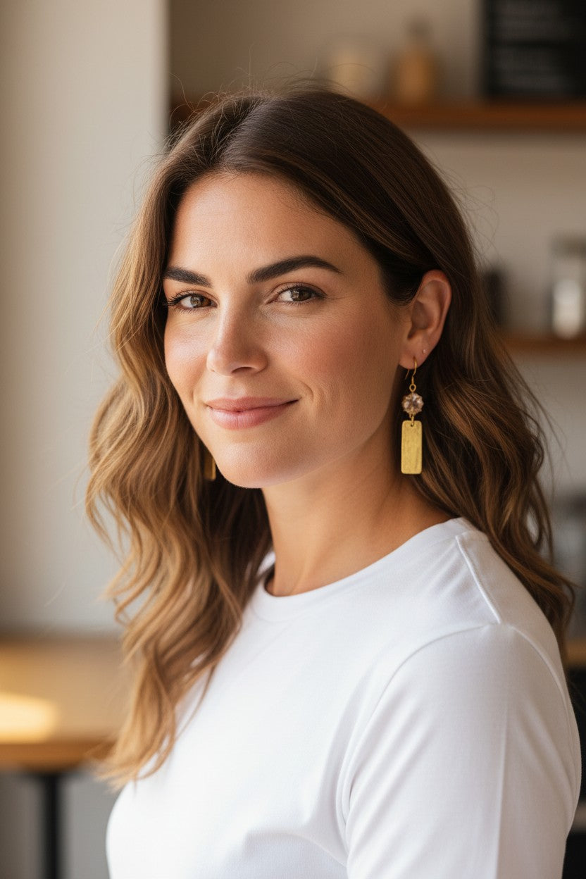 Cushion Crystal & Brushed Gold Bar Drop Earrings