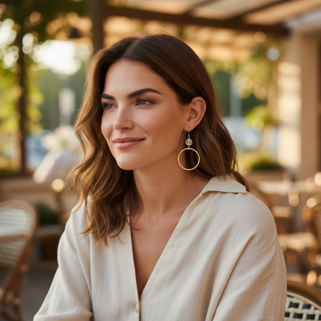Cushion Crystal & Brushed Gold Hoop Drop Earrings