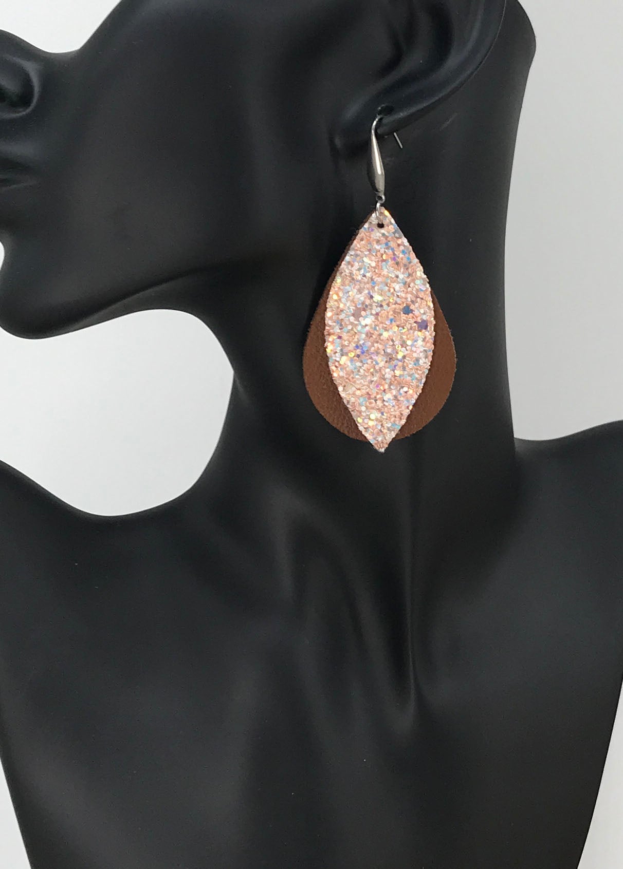 Genuine Brown Leather and Glitter Earrings - E19-491
