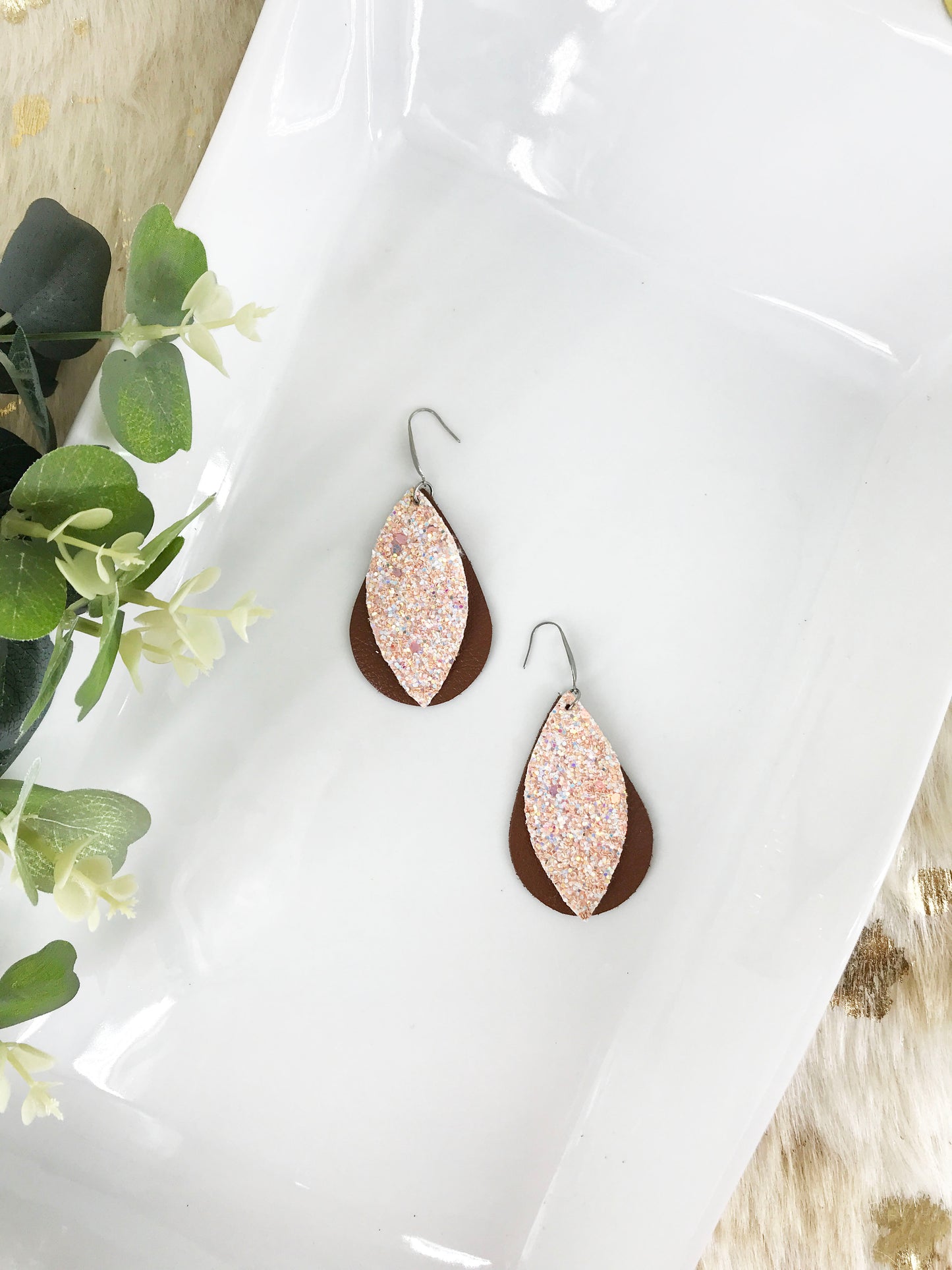Genuine Brown Leather and Glitter Earrings - E19-491