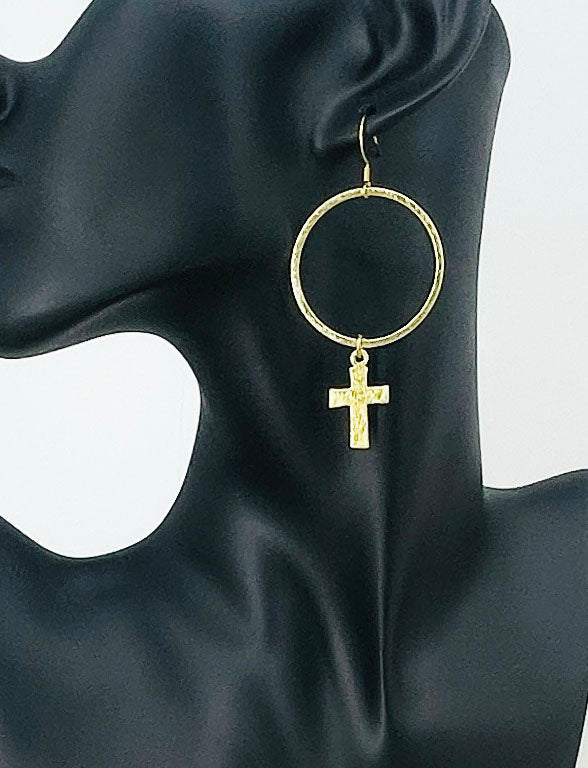 Brushed Gold Cross Hoop Earrings
